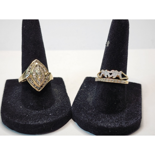Three Nice 10K Gold Rings With Diamonds, ft. "MOM" Ring - Various Sizes - TW: 6.1g