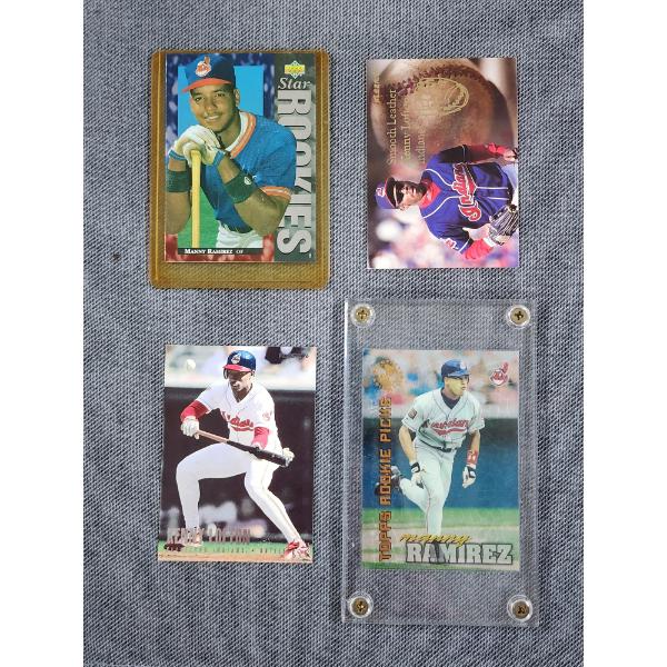 Two Manny Ramirez & Two Kenny Lofton Baseball Trading Cards Including Nice Acrylic Protector