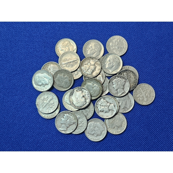 Assorted Years 90% Silver Roosevelt and Mercury Dimes - Face Value: $3.00