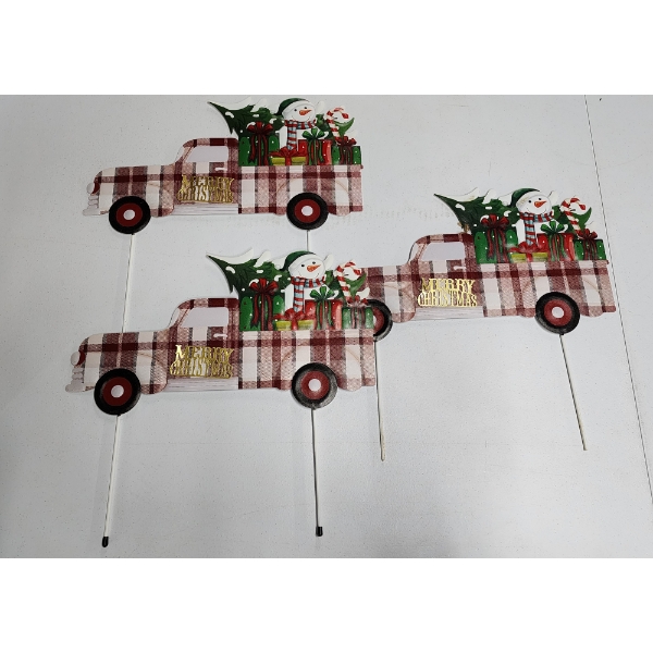 3 Outdoor Metal Christmas/Holiday Red Plaid Truck and Tree Stakes - Approx. 16in Tall