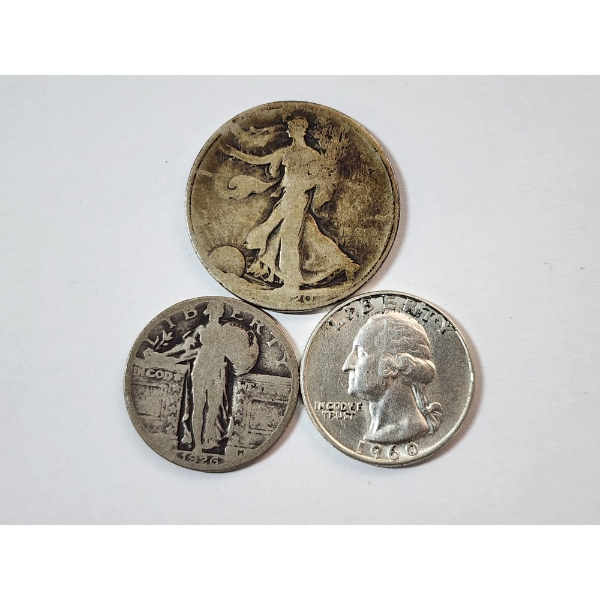 Three United States 90% Silver Coins: 1920 Half Dollar, 1926 & 1960 Quarters