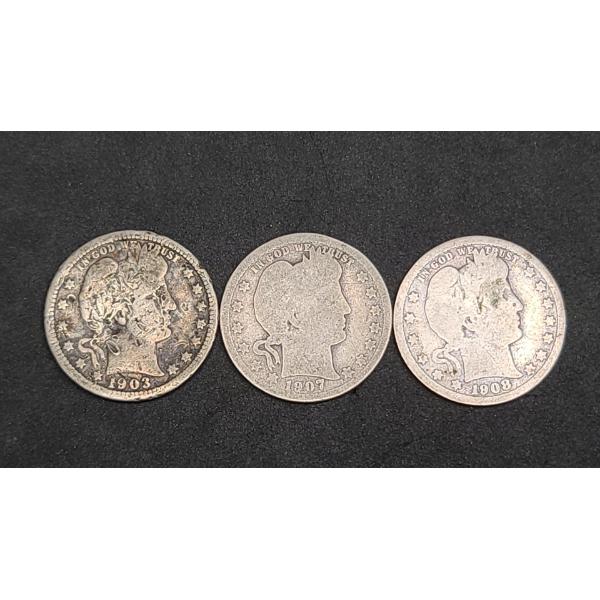 1903, 1907-O, 1908-D 90% Silver Barber Quarters - Face Value: $0.75