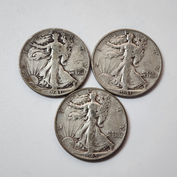 Three 90% Silver Walking Liberty Half Dollars: 1941-D, 1941, 1945 - Face Value: $1.50