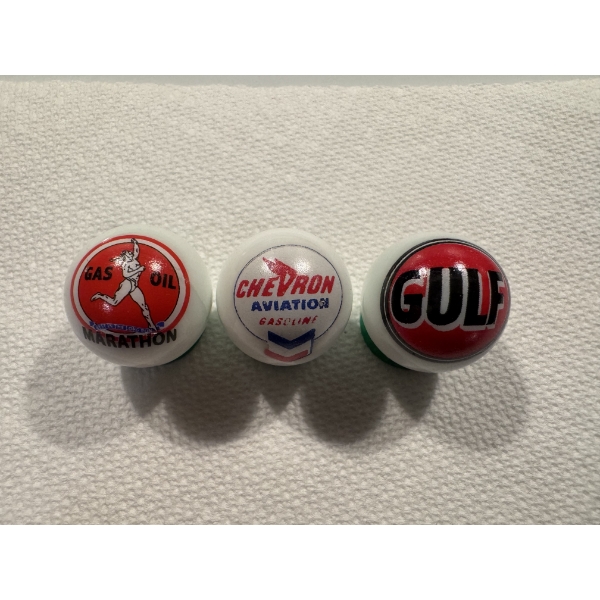 3 Vintage Gas & Oil Advertising One Inch Shooter Marbles - Marathon, Chevron & Gulf - Mint Condition