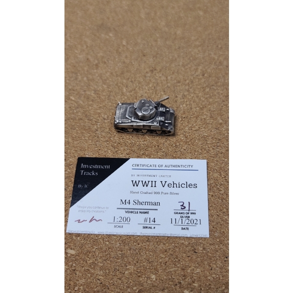 Hand Crafted 1:200 Scale 999 Pure Silver WWII M4 Sherman Vehicle By Investment Caster -Weight: 31.0g