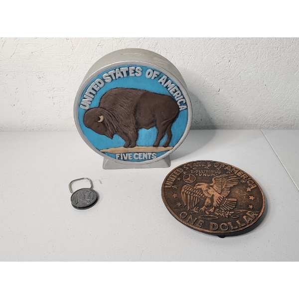 Buffalo Nickel Coin Bank, U.S. Eagle Art Piece, Indian Head Collectible Piece