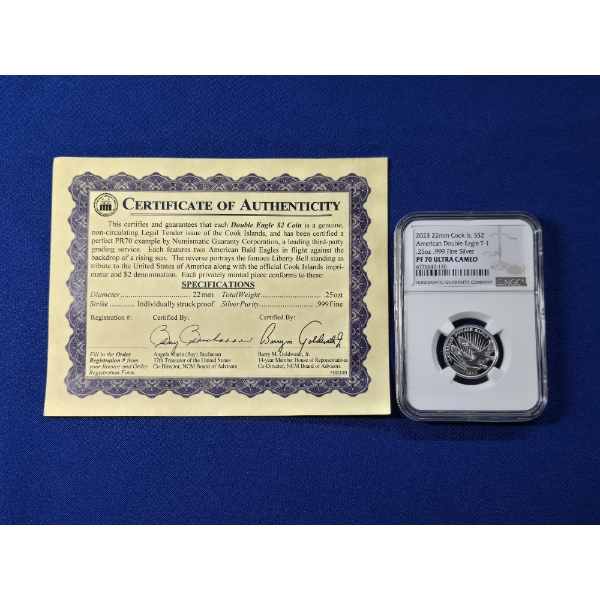 2023 22mm Cook Islands American Double Eagle $2 Coin T-1 PF 70 ULTRA CAMEO .25ozt .999 Fine Silver 