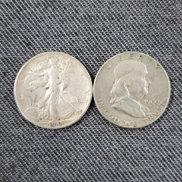 Two 90% Silver United States Franklin & Walking Liberty Half Dollars ~ Face Value $1.00
