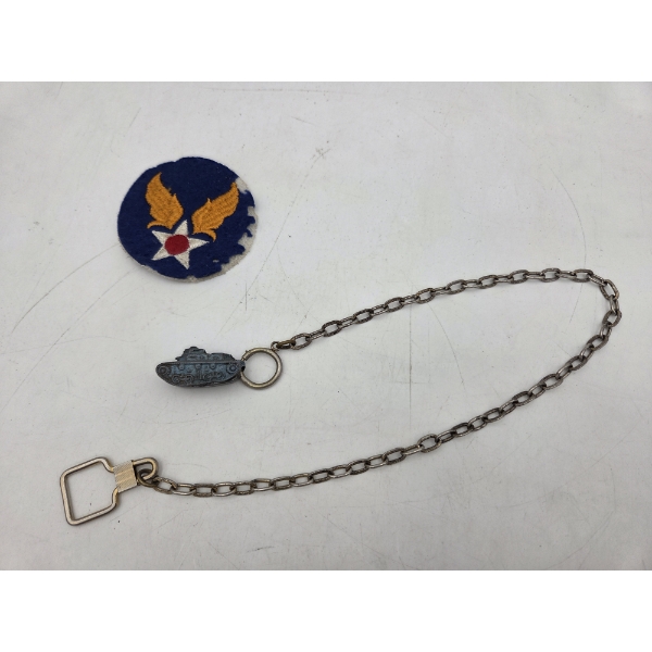 Cool Vintage Pocket Watch Chain W Small Metal Tank Charm And Military Patch
