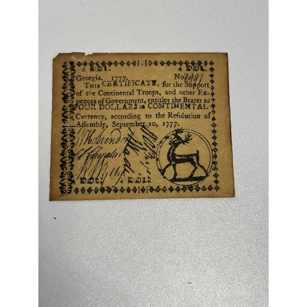 1777 Georgia 4 Continental Dollar Note - No. 2991 in laminated sheet with Black Binder