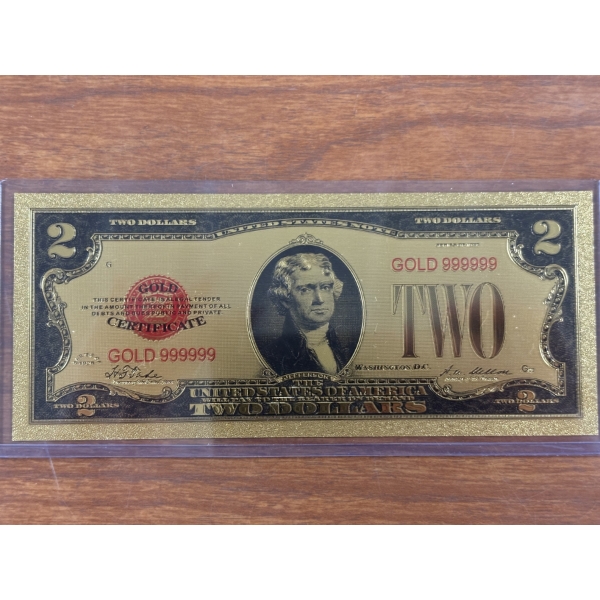 $2 Gold Certificate Gold Back .999999 - 24K Gold Back In Protective Holder - Mint Condition