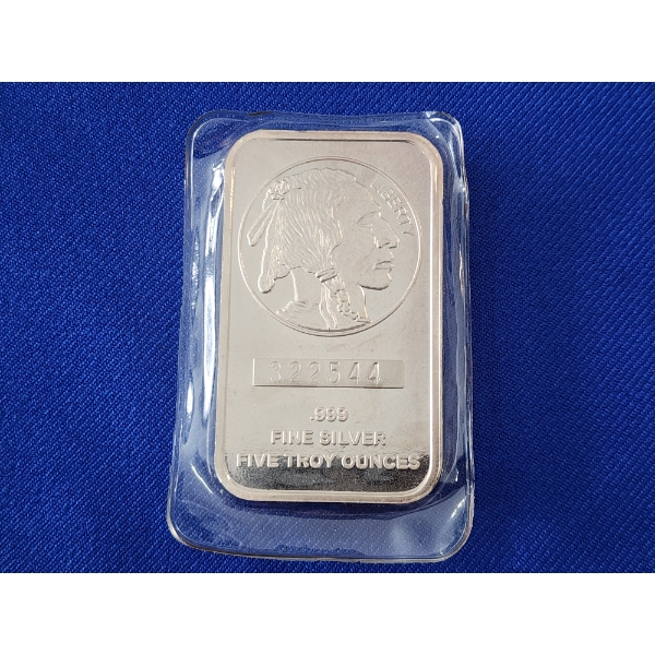 Incredible 5 Troy Ounce .999 Fine Silver Bar - Indian Head/Buffalo Design - In Sealed Package