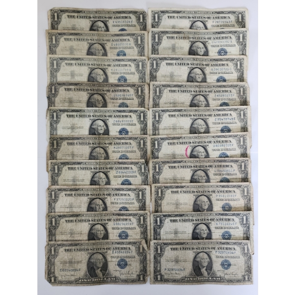 Lot of 20 United States Blue Seal $1 Silver Certificates - Face Value $20.00