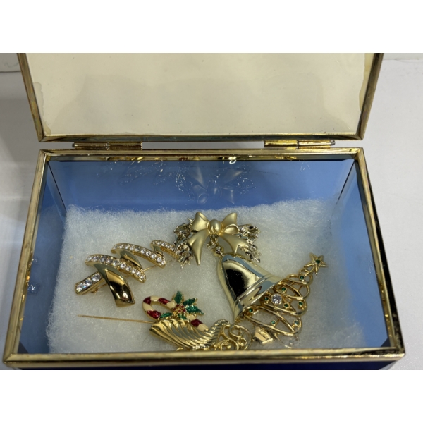 Jewelry Box with Angels & Pins - Christmas Tree - Candy Canes - Bells - Bows Etc.