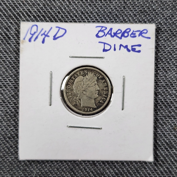 1914-D United States Barber 90% Silver Dime in Excellent Condition