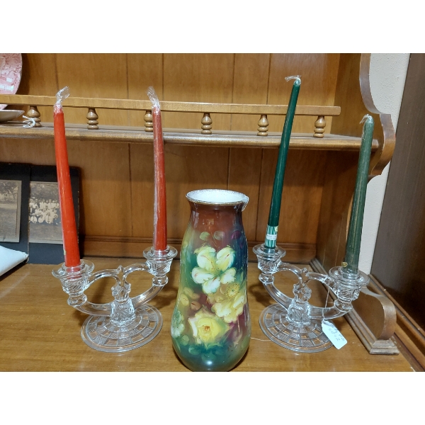 Group Lot - 3 Pcs - Superb "ROYAL BONN"  Hand Ptd Floral Vase & 2 Dbl Crystal Candle Holders
