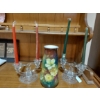 Image 1 : Group Lot - 3 Pcs - Superb "ROYAL BONN"  Hand Ptd Floral Vase & 2 Dbl Crystal Candle Holders