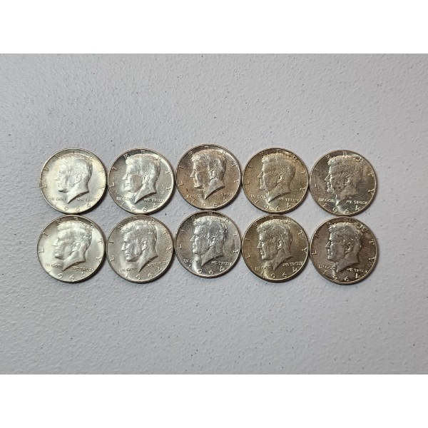 x10 1964 90% Silver Kennedy Half Dollars Face Value $5.00