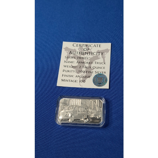 Pit Bullion 2 Troy Ounce .999 Fine Silver Bar With Antique Finish- Pit Bullion Bank 