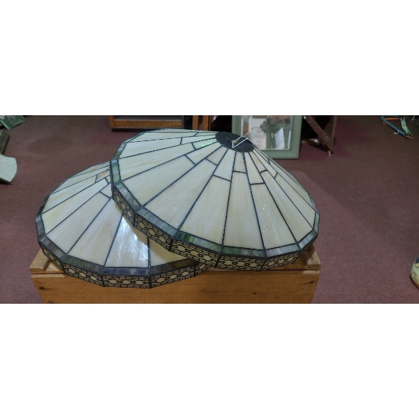 Pair  Of Matching Vintage Stined Glass Leaded Shades With Filigree Lower Rim 16" Diameter  Good Cond