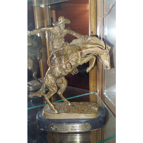 Frederick Remington "Bronco Buster" 10" Cast Bronze Statue - Wood Base With Plaque