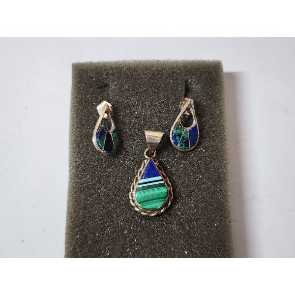 Sterling Silver Southwestern-Style Inlay Pendant & Earrings TW: 4.4g