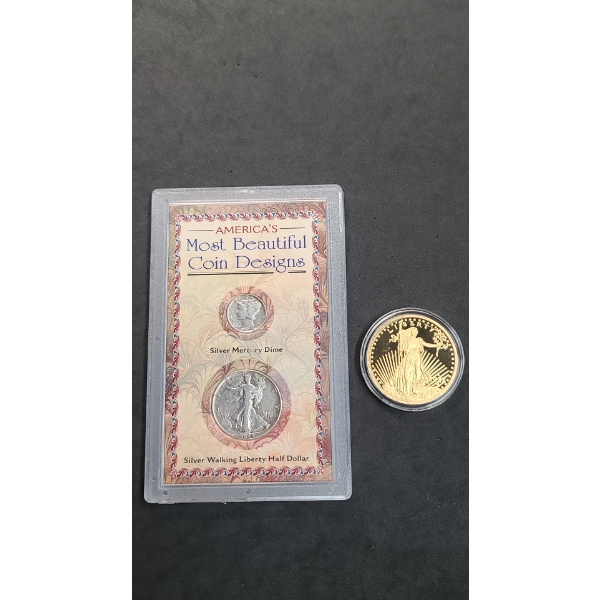 Silver 1944 Mercury Dime & 1944 Walking Liberty Half Dollar In Display & Tribute 1927D Double Eagle 