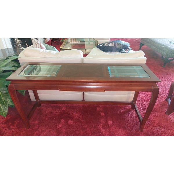 Beautiful Oriental Themed 27" Tall 54" x 16" Mahogany Console Table With Beveled Glass Inserts