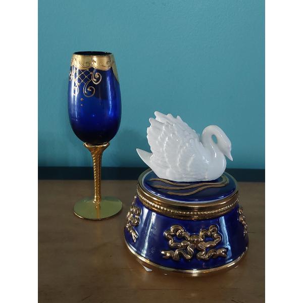 2 Pc Blue & Gold Venetian Glass Tall Goblet & Swan Music Box - See Pics
