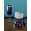 Image 1 : 2 Pc Blue & Gold Venetian Glass Tall Goblet & Swan Music Box - See Pics