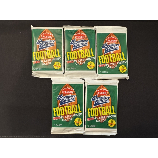 5 - 1990 Fleer Unopened Football Card Wax Packs - Mint Condition - 15 Cards Per Pack