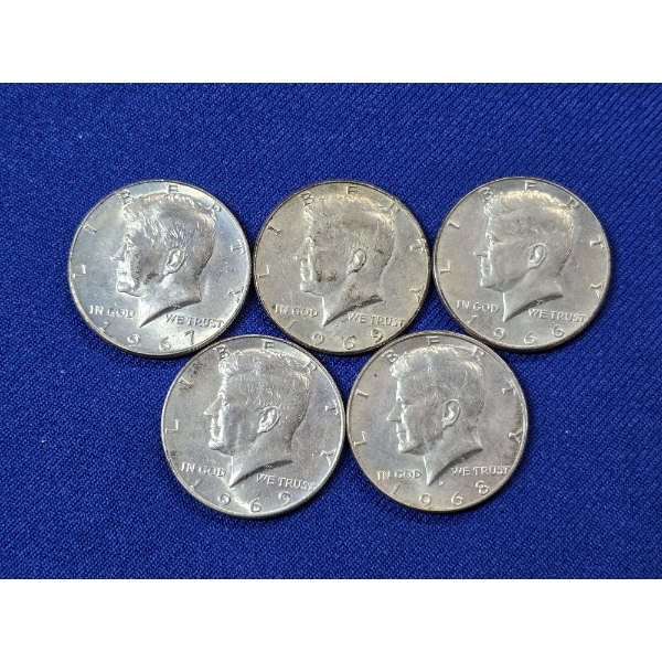 Lot of (5) Kennedy Half Dollars: 1967, 1969-D, 1966, 1969-D, 1968-D - FV; $2.50