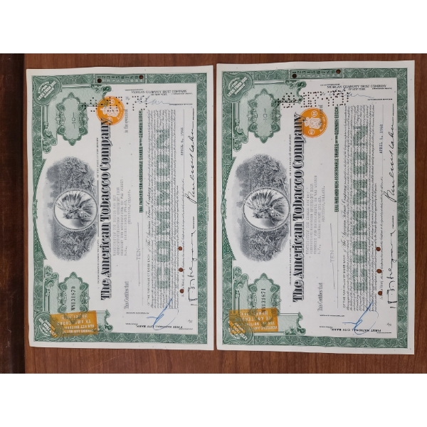 Lot of Two 1962 American Tobacco Company Ten Share Certificates