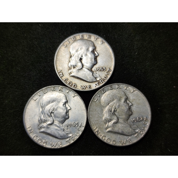 Three 90% Silver Franklin Half Dollars - $1.50 Face Value