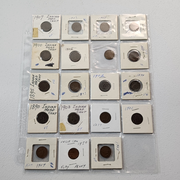 $0.18 Face Value of Assorted Cents: Mostly Indian Head, One Lincoln, & Uncle Sam Play Penny