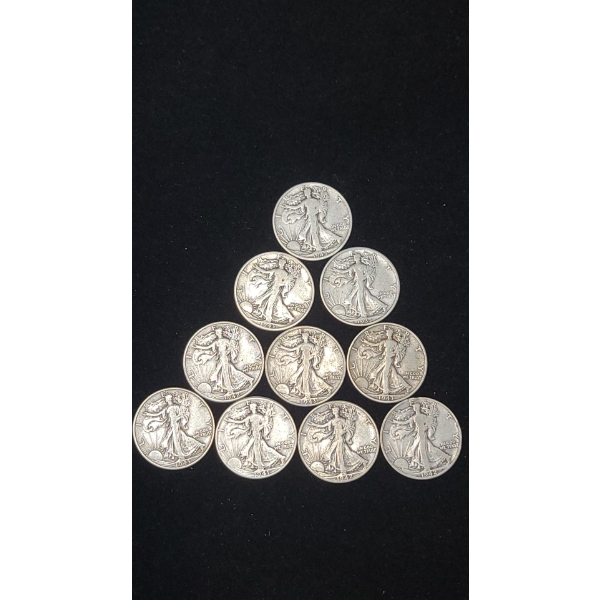 Assorted Years/Mint Marks 90% Silver Walking Liberty Half Dollars - Face Value: $5.00
