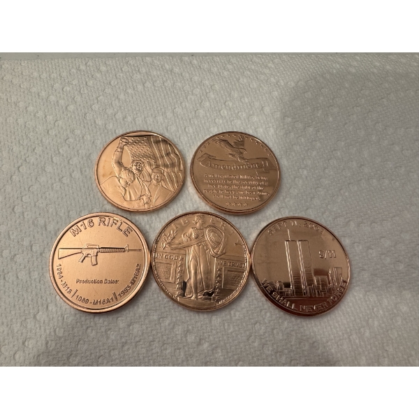 5 - Limited Edition .999 Fine Copper Round Coins - Mint Condition - Exceptional 