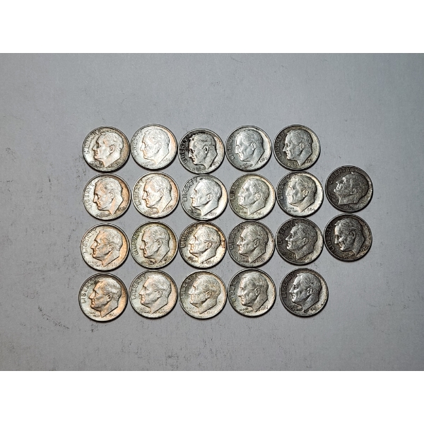 Lot of 22 Assorted Year Silver Roosevelt Dimes FV: $2.20