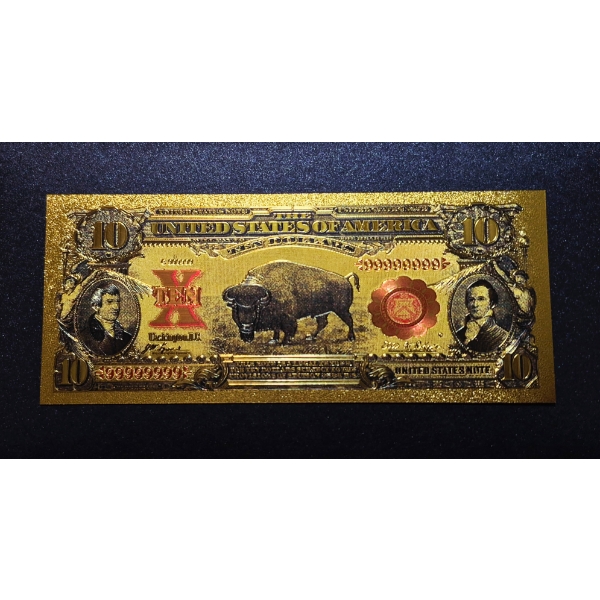 .999 GOLD FOIL U.S. $10 - SERIES 1901 BISON NOTE - IN PROTECTIVE SLEEVE 