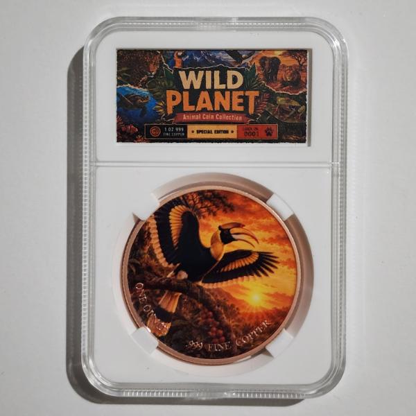 Wild Planet Animal Coin Collection 1 Oz .999 Fine Copper Colorized Indonesian Hornbill Round in Slab