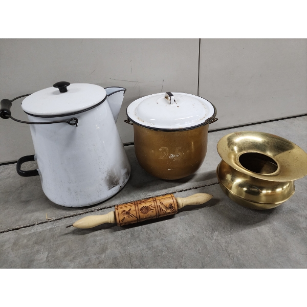 Vintage Kitchen Items: Large Enamel Boiler, Rolling Pin, Enamel Pot with Lid, Brass Spittoon/Vase