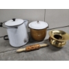 Image 1 : Vintage Kitchen Items: Large Enamel Boiler, Rolling Pin, Enamel Pot with Lid, Brass Spittoon/Vase