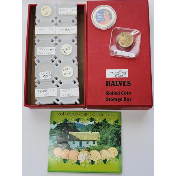 Irish Euro Coins, 2000-D SBA, Princess Diana Token, & ~$100.00 Face Value of Assorted U.S. Halves