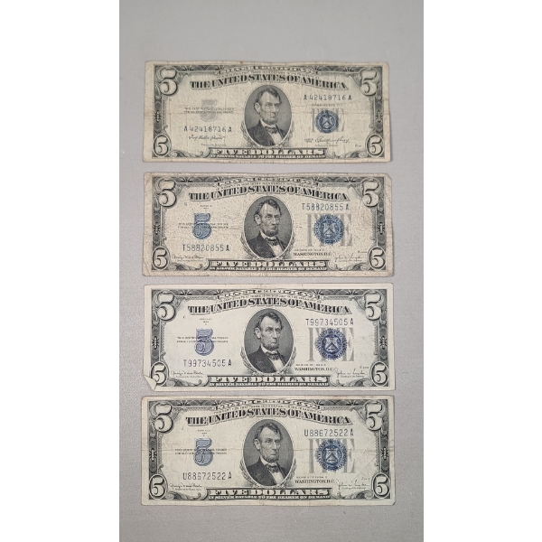 (4) Assorted Series United States $5 Silver Certificates - Face Value: $20.00 