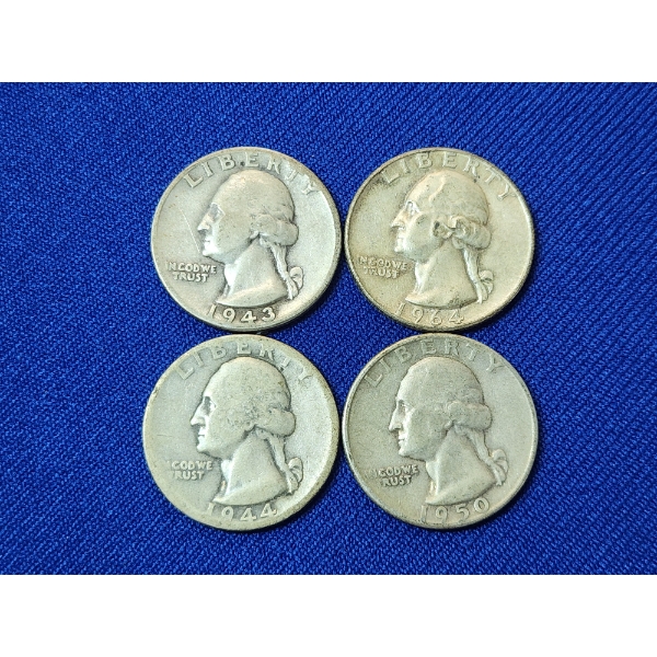 Lot of 4 Assorted Years United States Washington 90% Silver Quarters FV: $1.00
