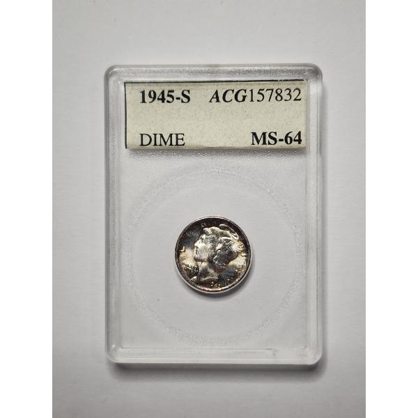 ACCUGRADE MS-64 Graded Silver 1945-S Mercury Dime With Nice Toning 