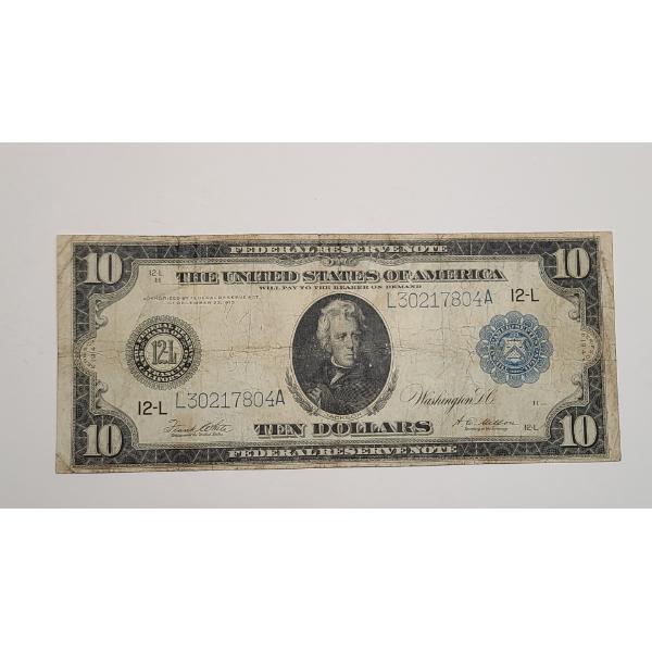 Series 1914 Horseblanket $10 Federal Reserve Bank Note San Francisco, California District- FV: $10