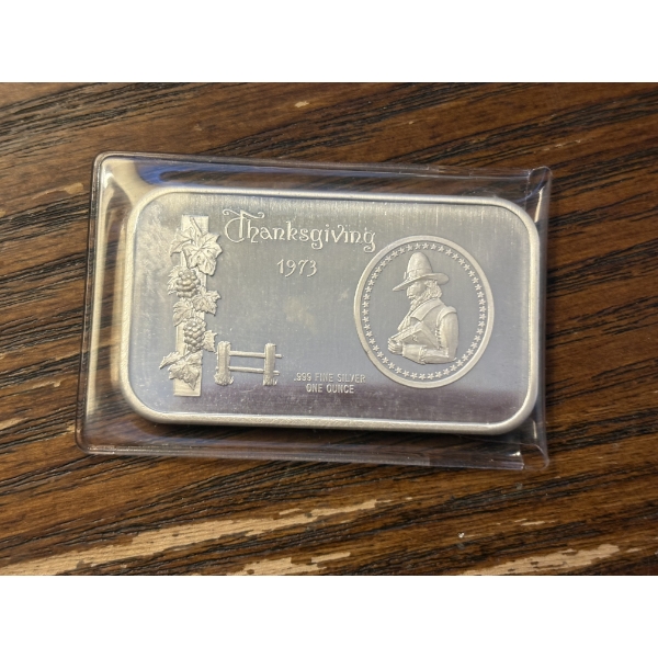 Thanksgiving 1973 1 Oz. Fine Silver Bar - Madison Mint - In Plastic Packaging