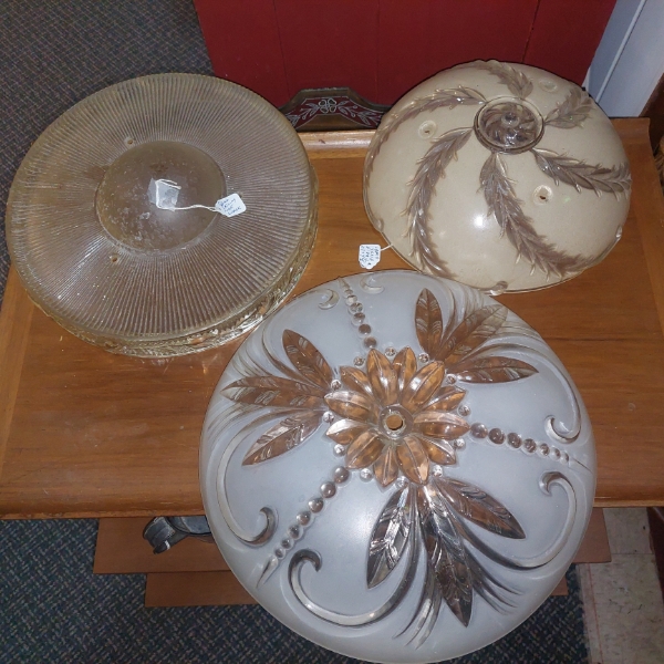 3 Pc Antique 1920s Ceiling Globes - As Shown 12 1/2" - 11 1/2"  Desireable Designs Ex Condition
