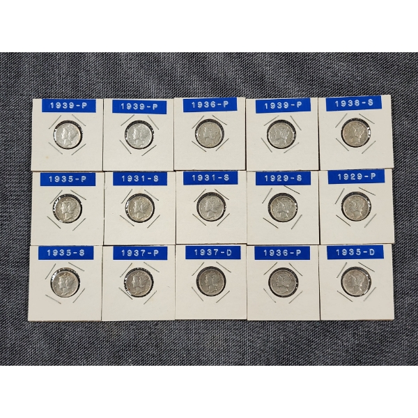 Fifteen Assorted Silver Mercury Dimes in Great Condition in Sleeves - $1.50 Face Value
